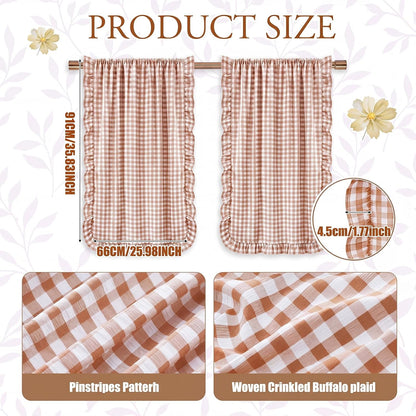 Brown White Gingham Kitchen Curtains 36" Buffalo Plaid Ruffle Cafe Curtains