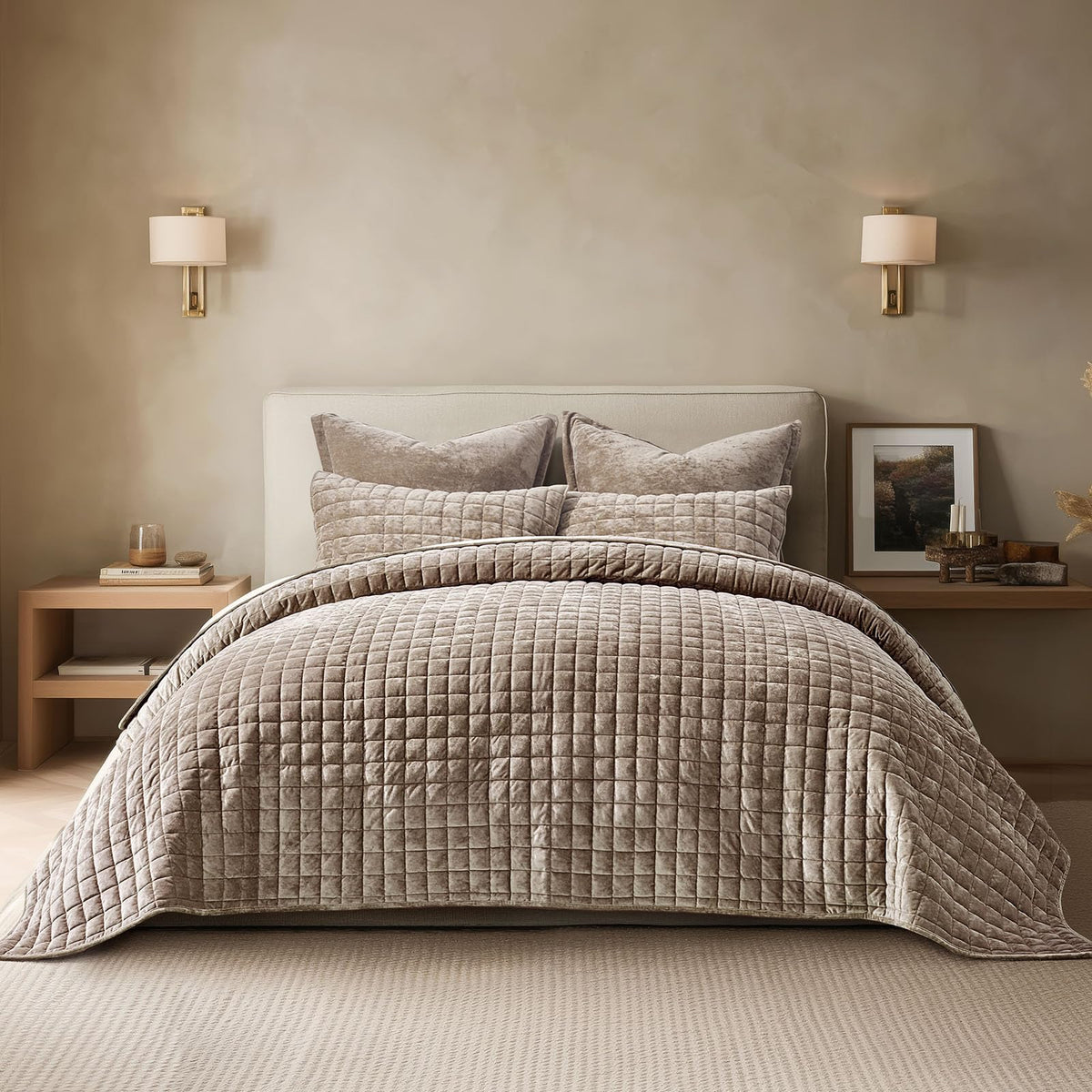 RECYCO Channel Box Stitch Velvet Quilt Set, King Size, Beige