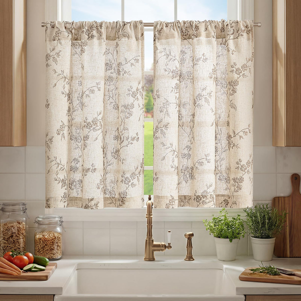 jinchan Floral Linen Kitchen Tier Curtains, 24 Inch, 2 Panels, Green