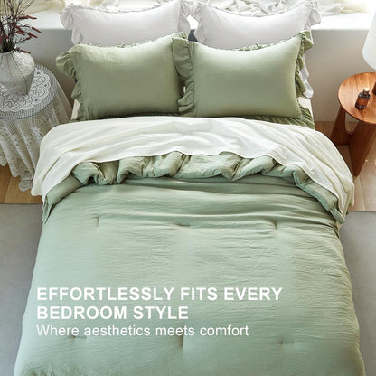 Sage Green Ruffle 3 Pieces Comforter Queen Shabby Chic Bedding