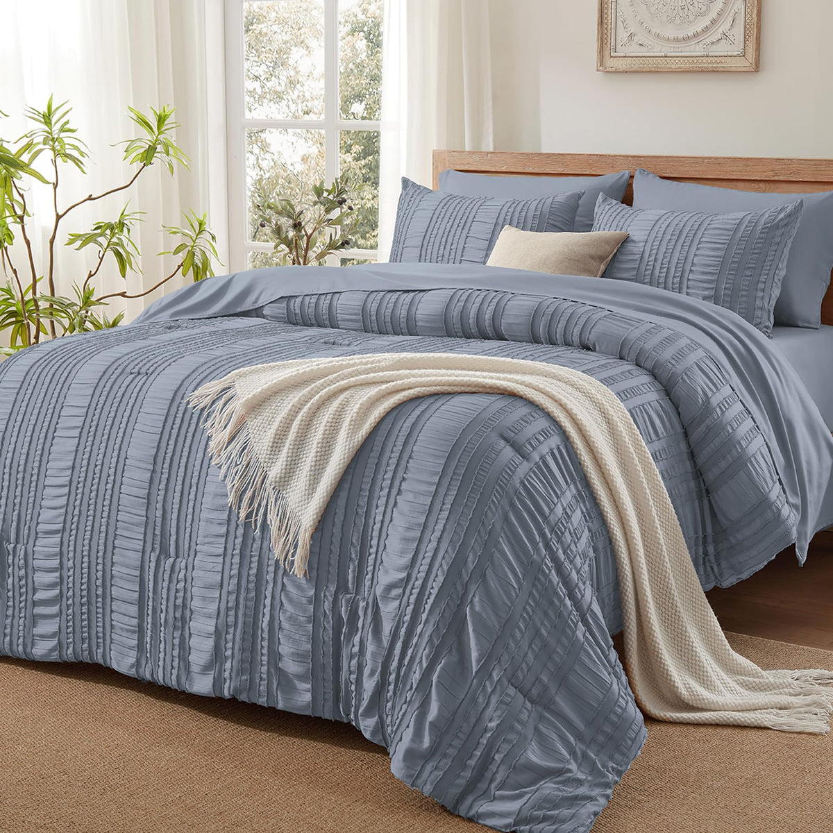 DHSFKBE Floral Comforter Set Queen Size,7 Piece Orange Bed in a Bag, Elegant Flower Pattern Comforter Set with Sheet, Soft Microfiber Complete Bedding Sets for All Season