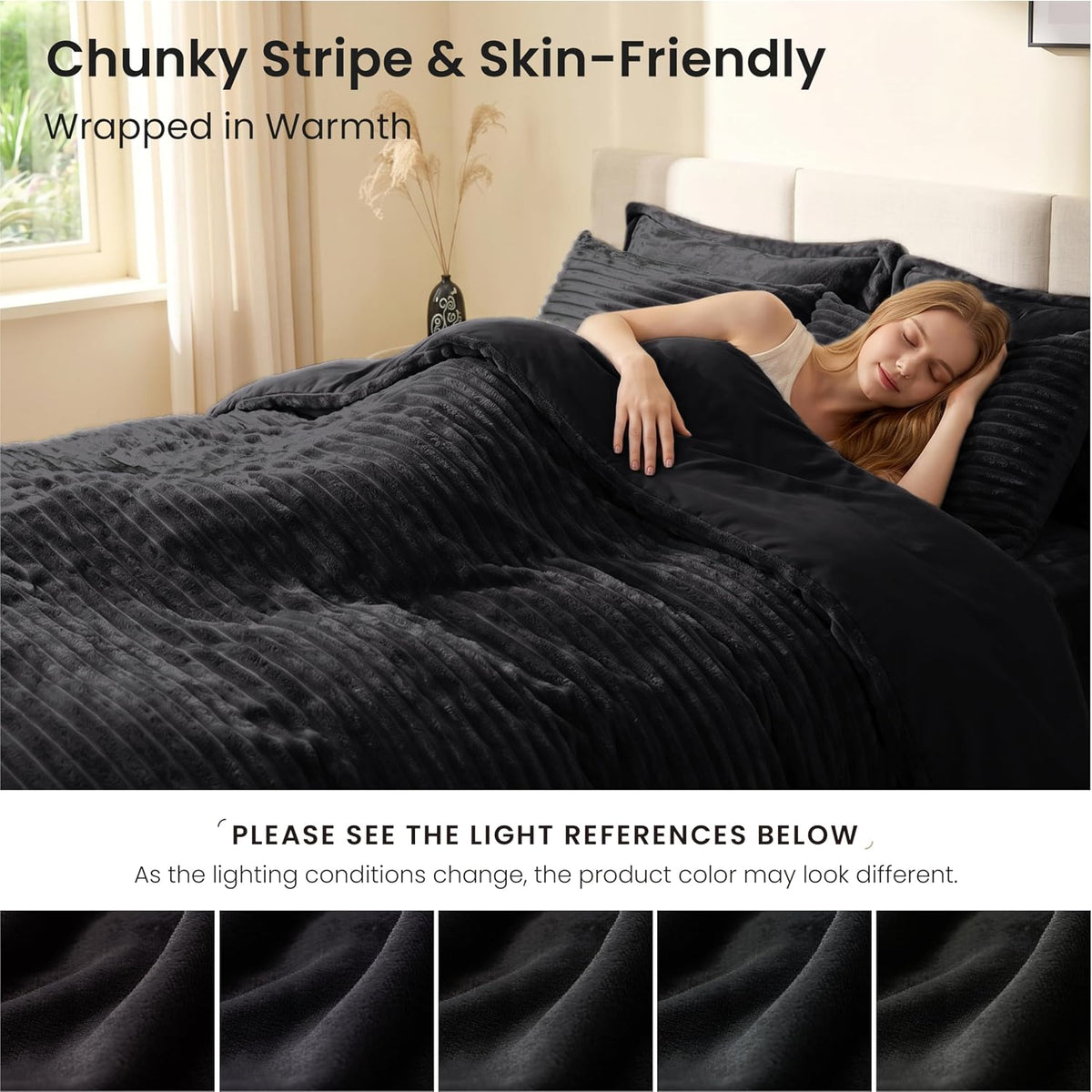 EXQ Home Queen Fluffy Comforter Set,7 Pieces Bed in a Bag,Black