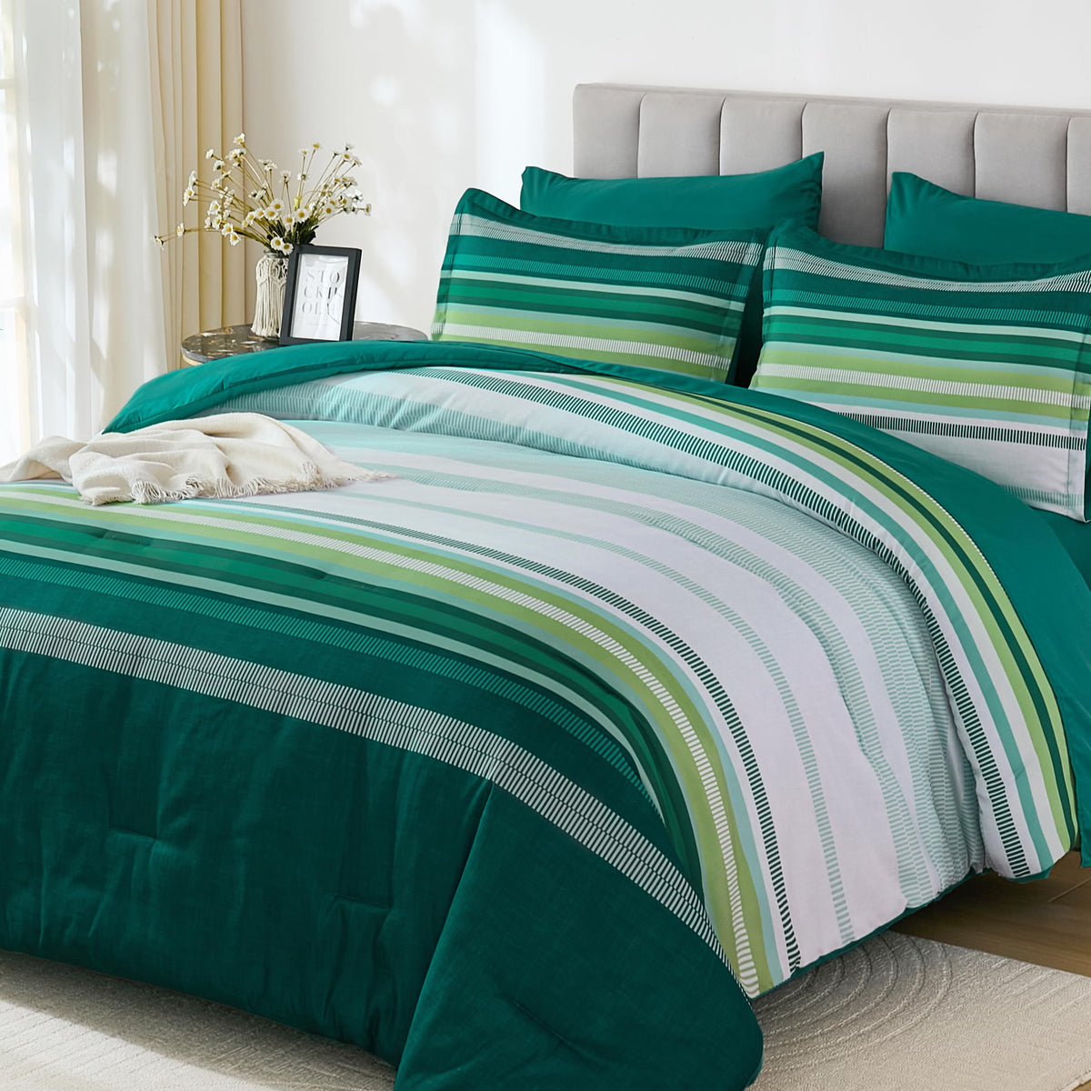 Dobuyly Teal Queen Comforter Set 7 Pieces, Blue Boho Striped Bed in a Bag Queen Size Soft Microfiber All Season Bedding Set with Comforter, Sheets, Pillowcases & Shams