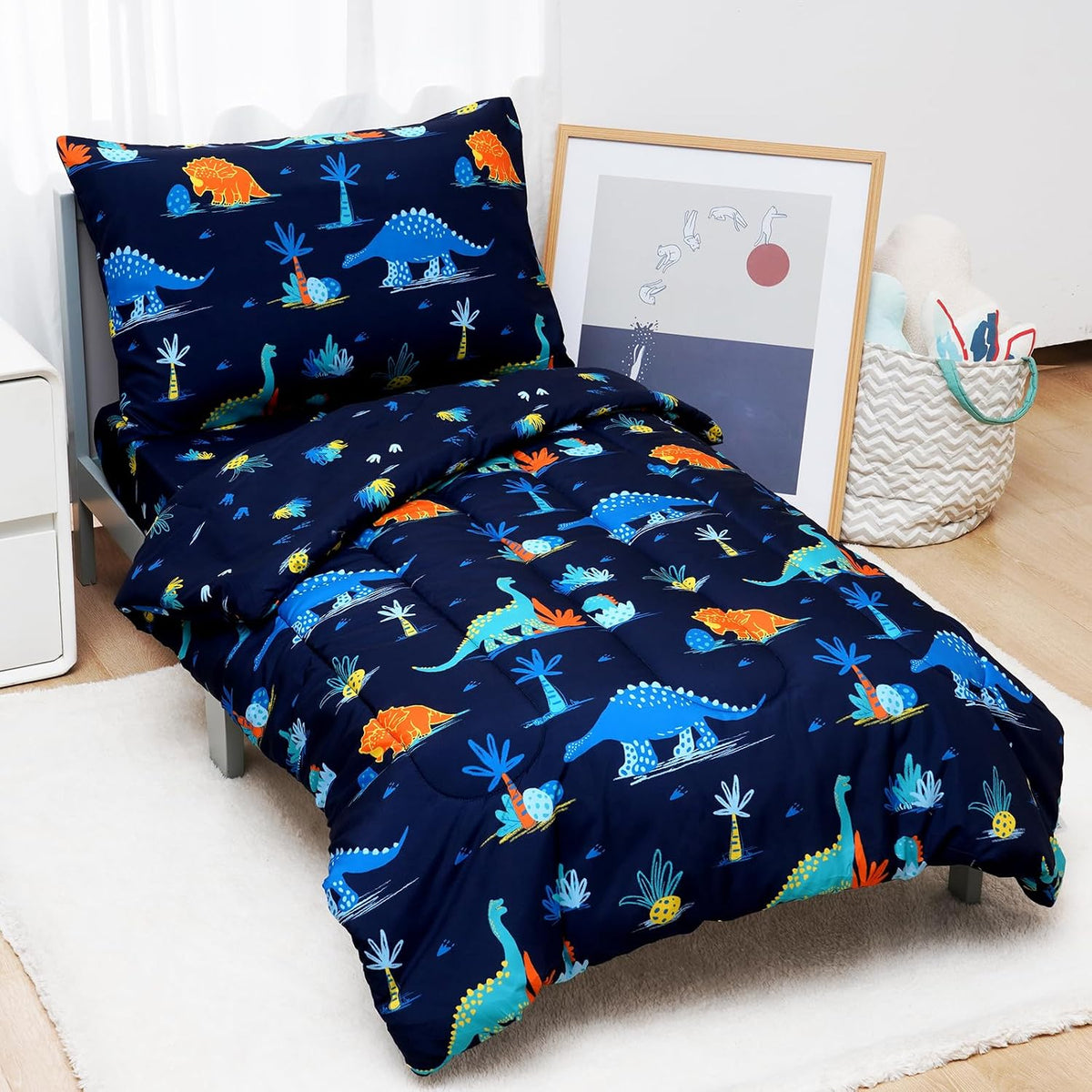 david's kids 4 Piece Toddler Bedding Set - Soft Breathable Toddler Bedding Set for Boys Girls, Includes Quilted Comforter, Flat Sheet, Fitted Sheet and Pillowcase, Dinosaur Navy