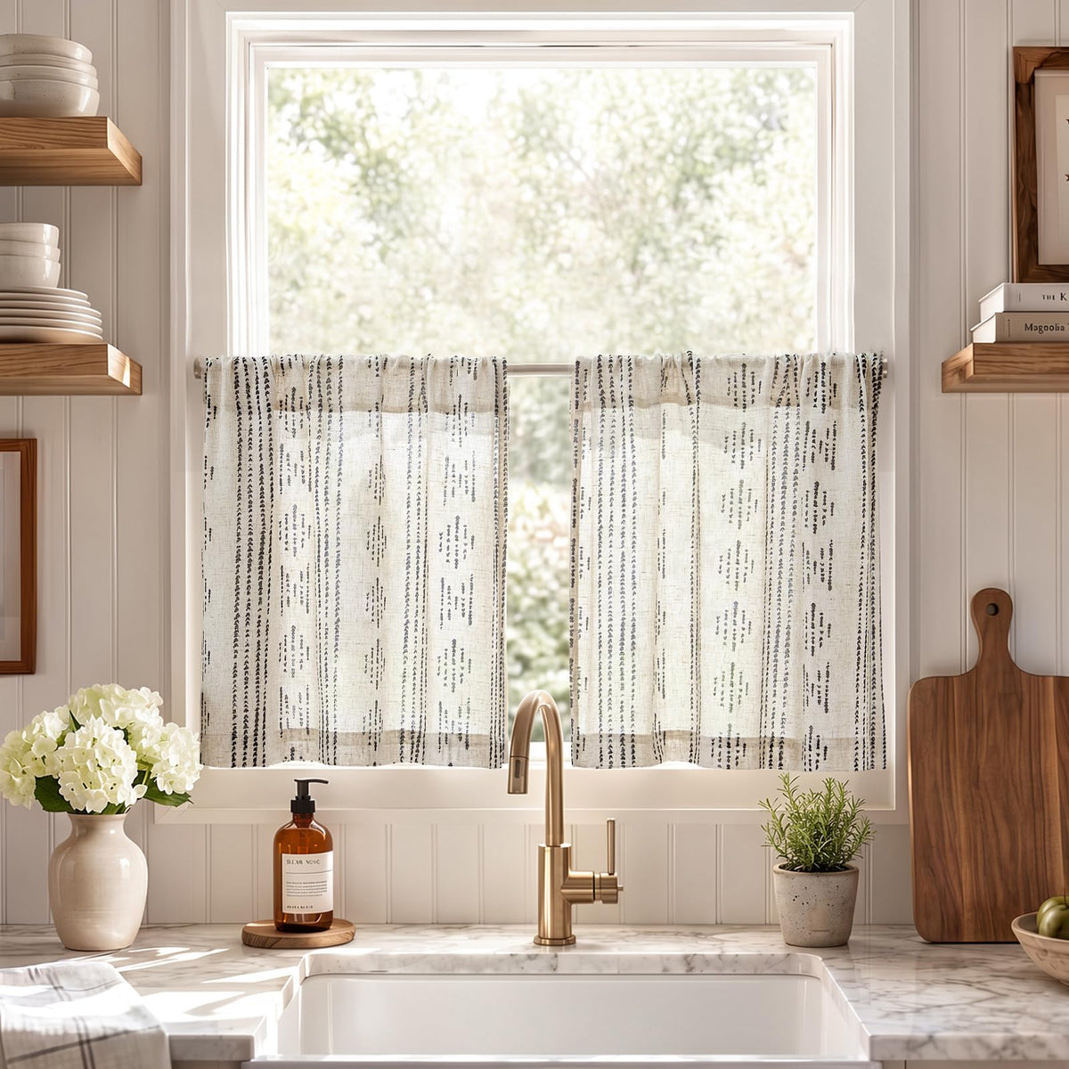 jinchan Linen Striped Tier Curtains for Kitchen Windows Green 26 x 24 inch
