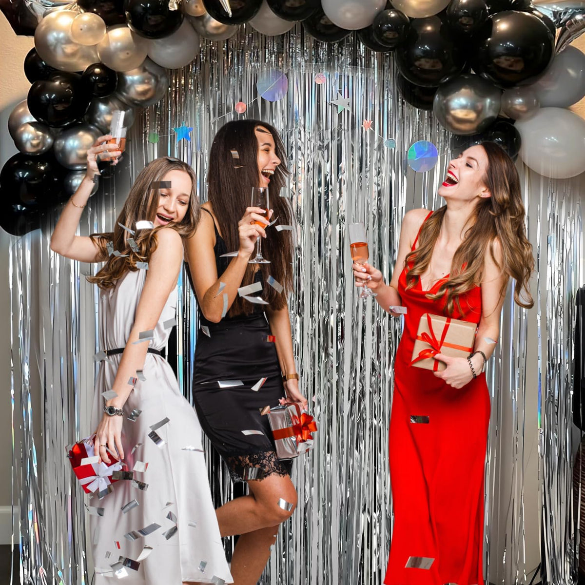 2 Pack Foil Curtain Backdrop Curtains Silver Tinsel Door Streamers Birthday Party Decorations Photo Backdrop Props for Party Graduation Wedding Bachelorette Christmas Baby Shower