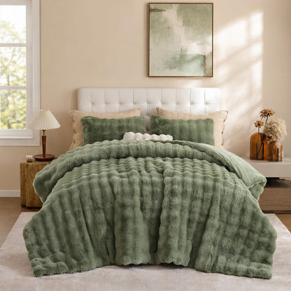 YIKUSH Queen Faux Fur Soft Comforter Set, Fluffy Linen Rabbit Fur Comforter