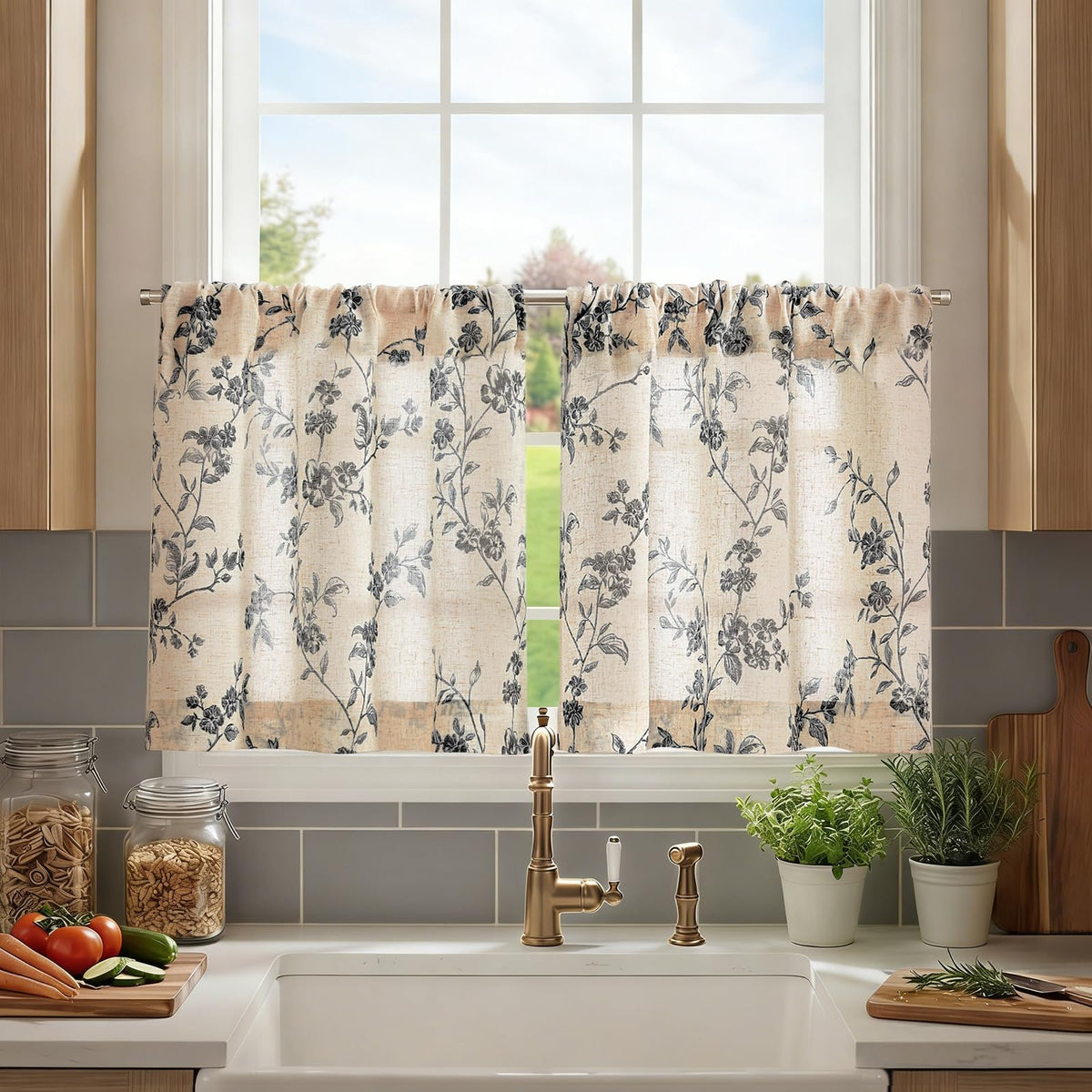 jinchan Floral Linen Kitchen Tier Curtains, 24 Inch, 2 Panels, Green