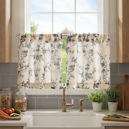 jinchan Floral Linen Kitchen Tier Curtains, 24 Inch, 2 Panels, Green