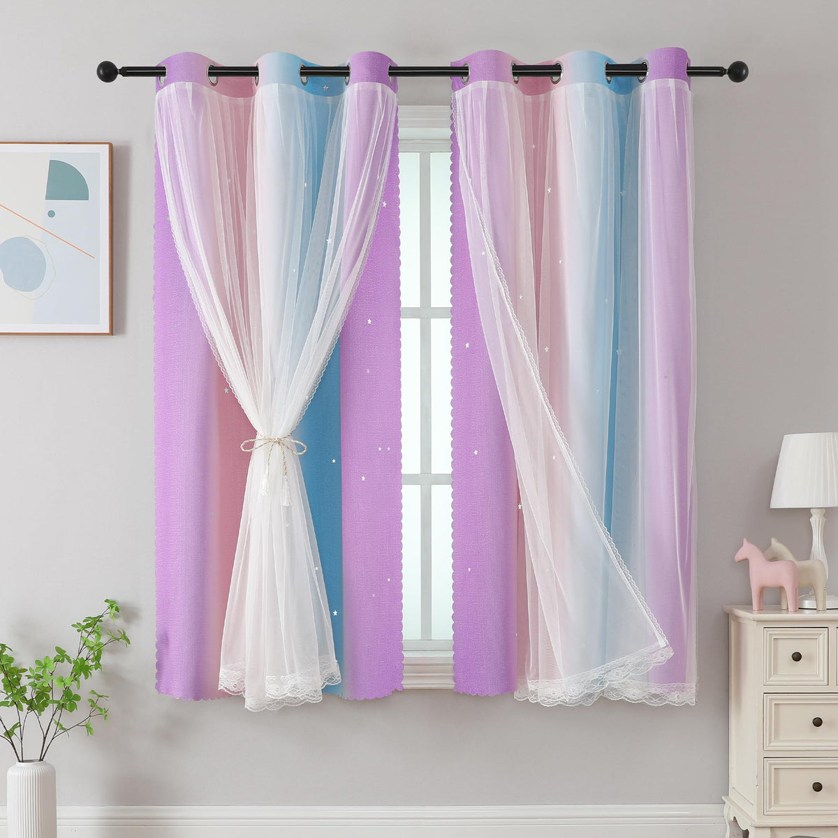 XiDi Curtains for Girls Bedroom Decor, Rainbow Blackout Curtains for Kids/Little Girl Room Decor, Unicorn Wall Decals,Pink Purple Green,63 x 34 inches,1 Panel