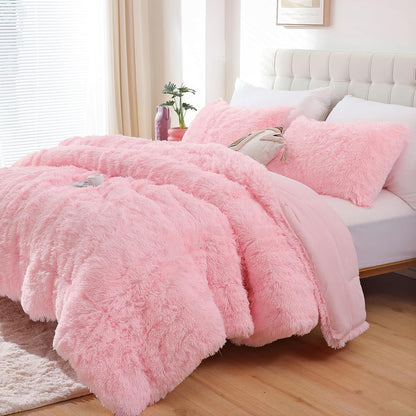 Smoofy Fluffy Queen Comforter Set, Faux Fur Pink Comforter Set 3 Pcs