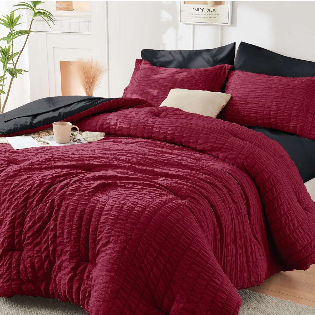 Queen Comforter Set - 7PCS Bed in a Bag, Seersucker Bedding Set, Dark Grey