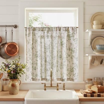 jinchan Floral Linen Kitchen Tier Curtains, 24 Inch, 2 Panels, Green