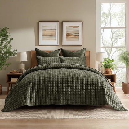 RECYCO Channel Box Stitch Velvet Quilt Set, King Size, Beige