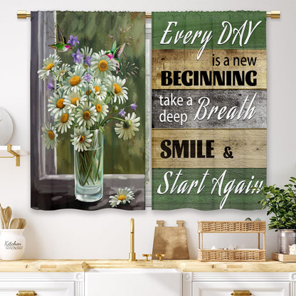 Teal Farmhouse Daisy Kitchen Curtains Wooden Flower Small Short Cafe Window Curtains Rustic Floral Butterfly Country Bathroom Drapes Treatment Tier Curtains 2 Panels (27.5x39 Inch)