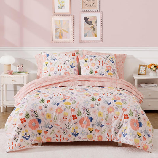 Full Size Comforter Sets for Girls - 7 Pieces Pink Floral Bed in a Bag