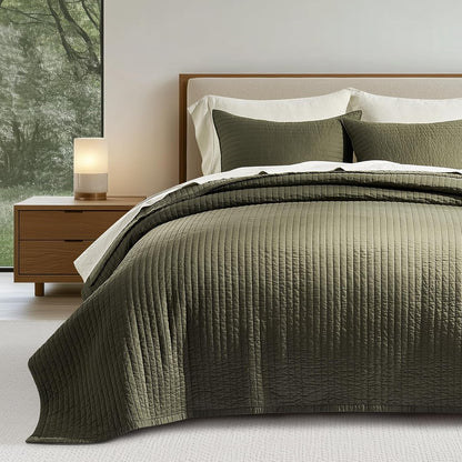 EVERGRACEHOME Cotton Sateen Quilt Set, Queen Size, Olive Green