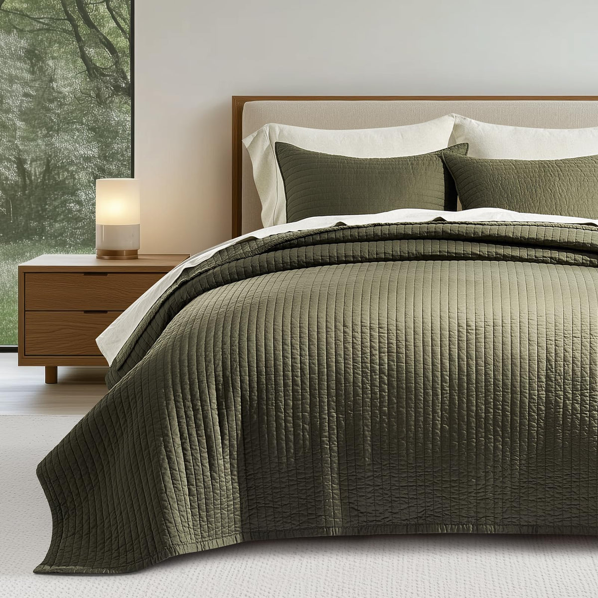 EVERGRACEHOME Cotton Sateen Quilt Set, Queen Size, Olive Green