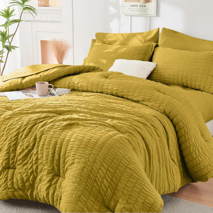 Full Comforter Set - 7PCS Bed in a Bag, Seersucker Bedding Set, Dark Grey
