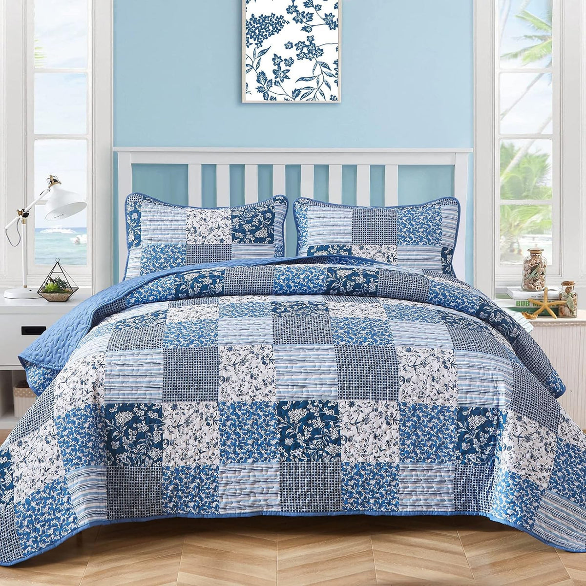 Mybedsoul Boho Quilts Queen Size, Patchwork Floral Bedding Set, Blue