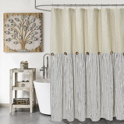 DOSLY IDÉES Farmhouse Shower Curtain,Beige and Gray Stripe,Button Curtain,Linen and Cotton Woven Fabric,Rustic Charm Country Chic Style,72x72 in