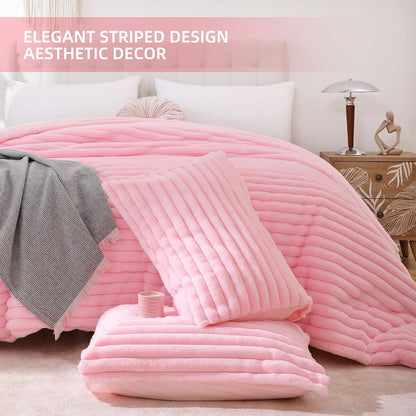 Smoofy Fluffy Queen Size Comforter 3 PCS - Pink Fleece Bedding Set
