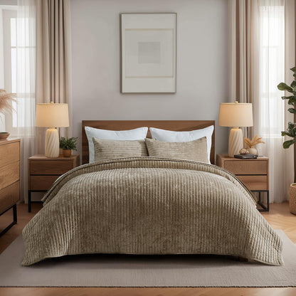 EverGrace Stripe Channel Luxury Velvet Quilt Set King Size, Beige Taupe