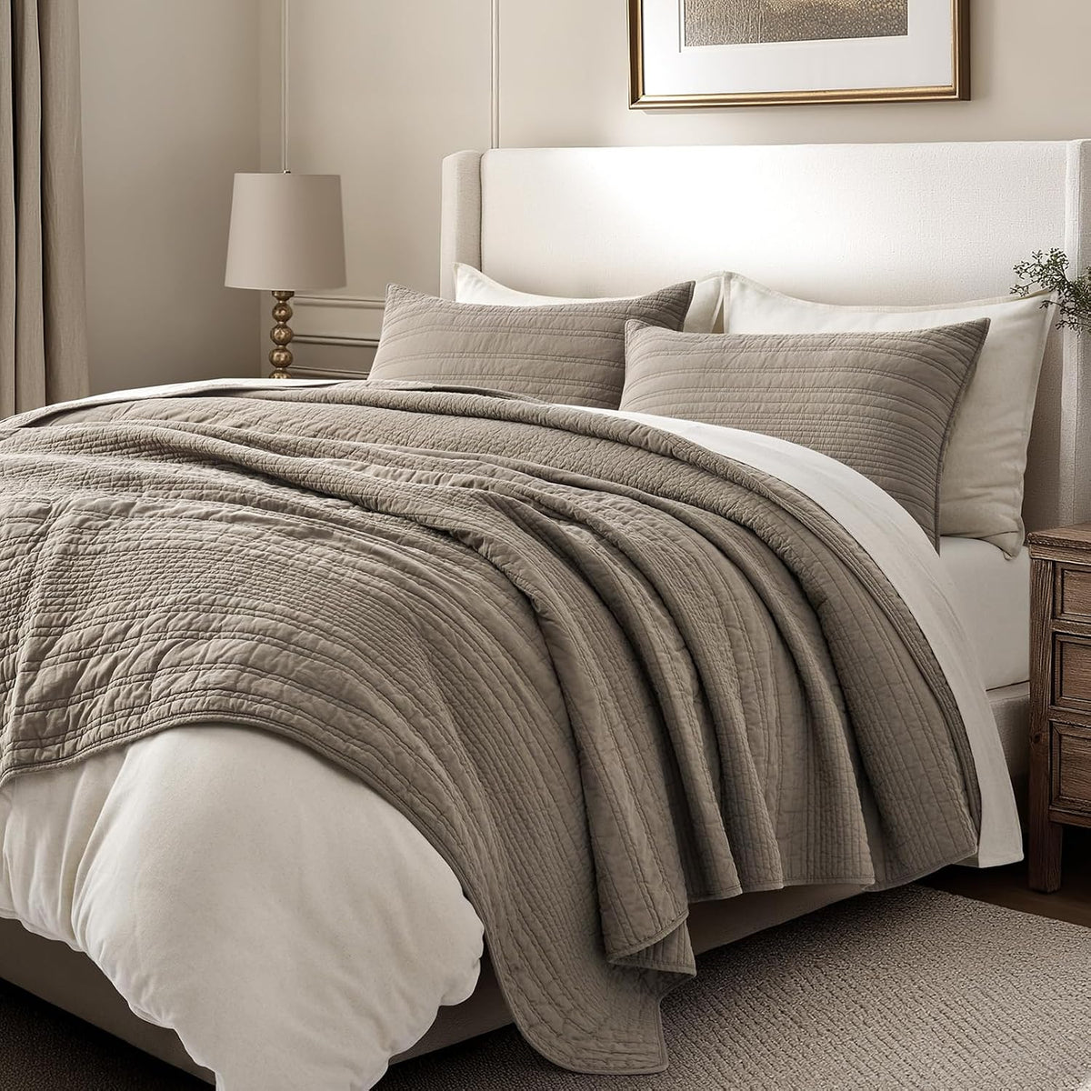 EVERGRACEHOME 100% Cotton Modern Lines Quilt Set King Size, Stone Taupe