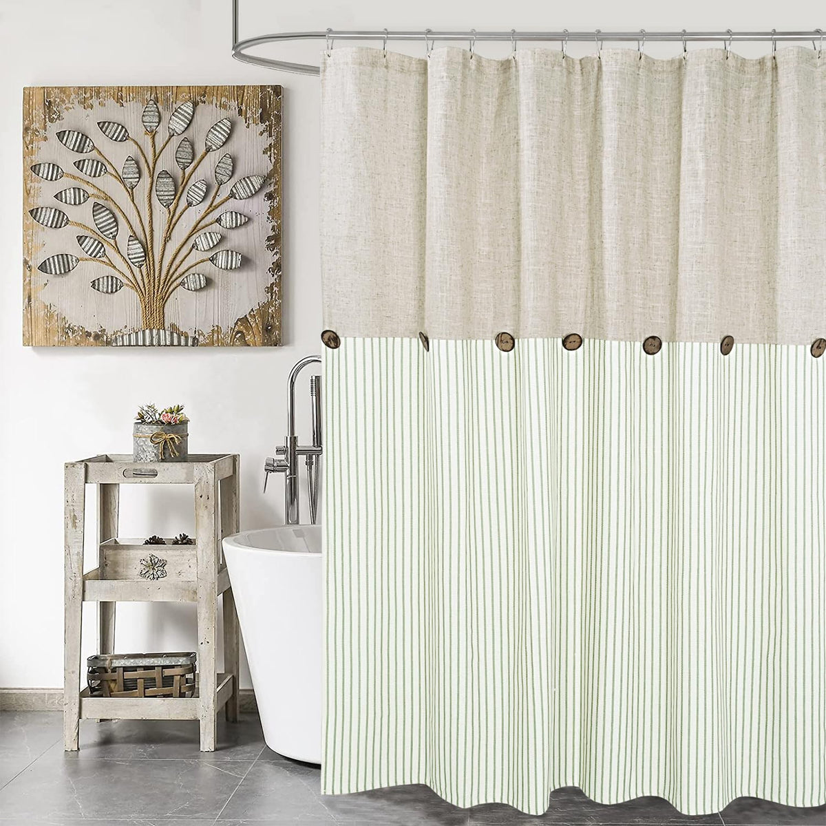 DOSLY IDÉES Farmhouse Shower Curtain,Beige and Gray Stripe,Button Curtain,Linen and Cotton Woven Fabric,Rustic Charm Country Chic Style,72x72 in