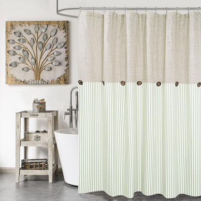 DOSLY IDÉES Farmhouse Shower Curtain,Beige and Gray Stripe,Button Curtain,Linen and Cotton Woven Fabric,Rustic Charm Country Chic Style,72x72 in