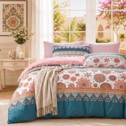 MUXHOMO Duvet Cover King Size, 3-Piece Floral Grey-Blue Bedding Set