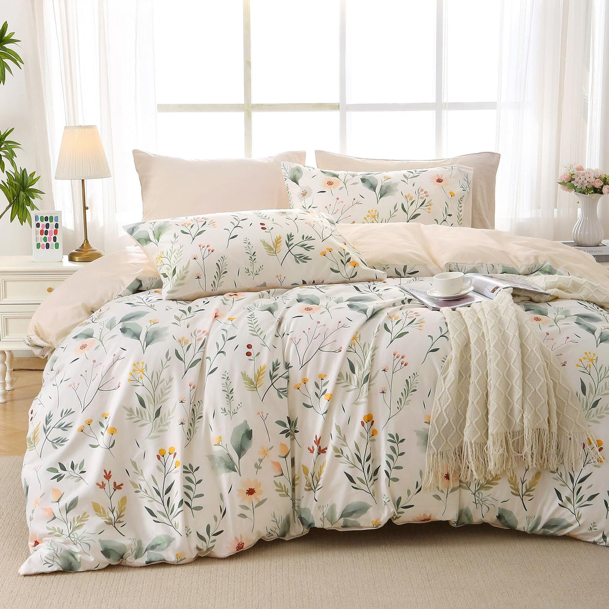 MUXHOMO Duvet Cover King Size, 3-Piece Floral Grey-Blue Bedding Set