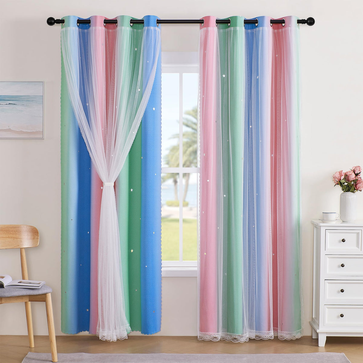 XiDi Curtains for Girls Bedroom Decor, Rainbow Blackout Curtains for Kids/Little Girl Room Decor, Unicorn Wall Decals,Pink Purple Green,63 x 34 inches,1 Panel