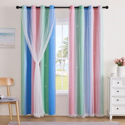 XiDi Curtains for Girls Bedroom Decor, Rainbow Blackout Curtains for Kids/Little Girl Room Decor, Unicorn Wall Decals,Pink Purple Green,63 x 34 inches,1 Panel