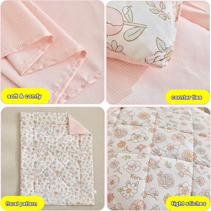 DuShow Floral 4 Piece Girls Toddler Bed Comforter Set Pink Flower Reversible Toddler Bedding Set Soft Baby Crib Bed Sheets Set in a Bag | Include Quilt Comforter,Flat Sheet,Fitted Sheet,Pillowcase