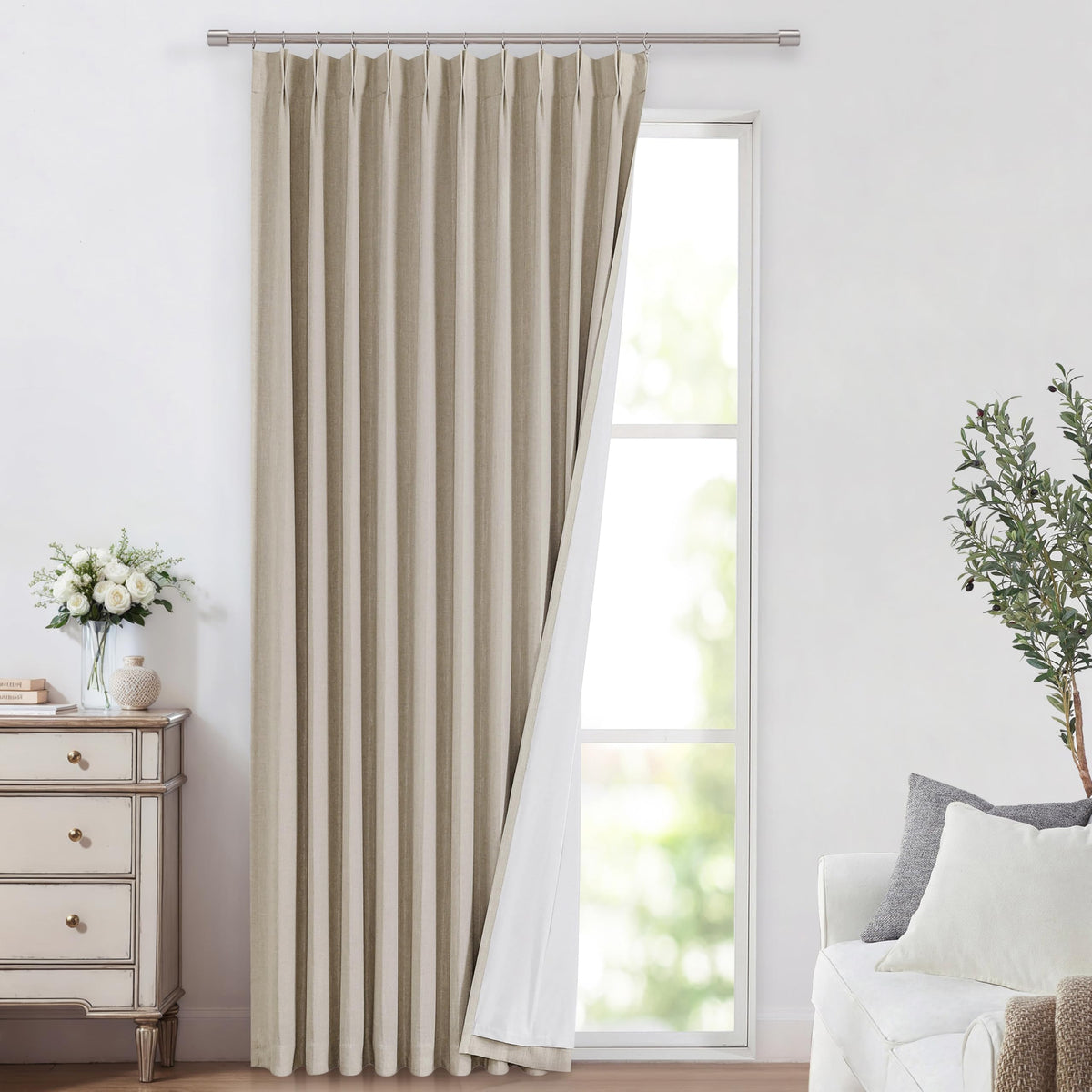 Vision Home Natural Pinch Pleated Full Blackout Curtains Linen Blended Room Darkening Window Curtains 95 inch for Living Room Bedroom Thermal Insulated Pinch Pleat Drapes with Hooks 2 Panel 40"Wx95"L