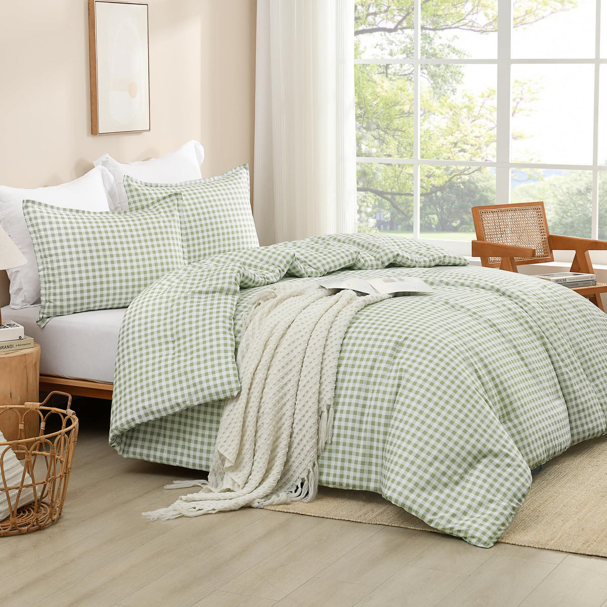 Andency Tan Gingham Comforter Set Twin, Brown Checkered Grid Plaid Bedding