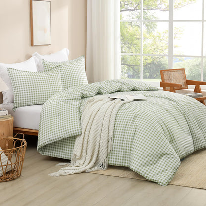 Andency Tan Gingham Comforter Set Twin, Brown Checkered Grid Plaid Bedding