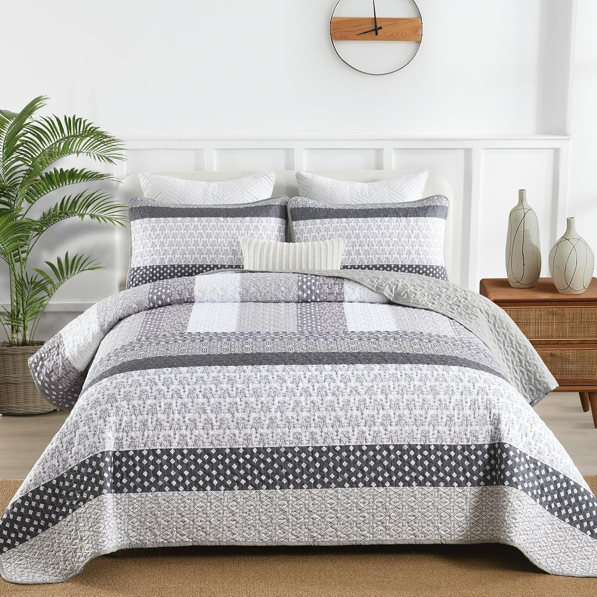 WONGS BEDDING Grey Queen Size Quilt Set, Boho Striped Bedspread