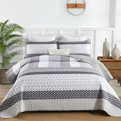 WONGS BEDDING Grey Queen Size Quilt Set, Boho Striped Bedspread