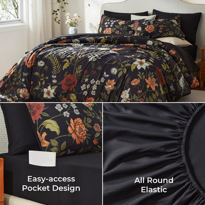 Litanika Floral Black King Comforter Set-7 Piece Botanical Birds Bedding