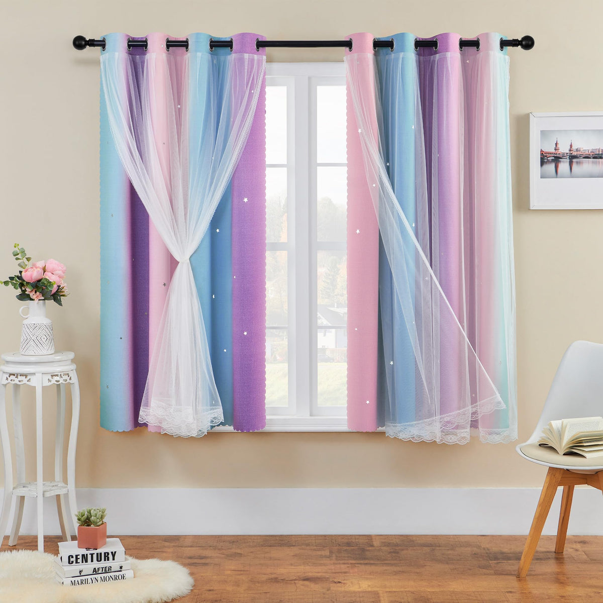 XiDi Curtains for Girls Bedroom Decor, Rainbow Blackout Curtains for Kids/Little Girl Room Decor, Unicorn Wall Decals,Pink Purple Green,63 x 34 inches,1 Panel