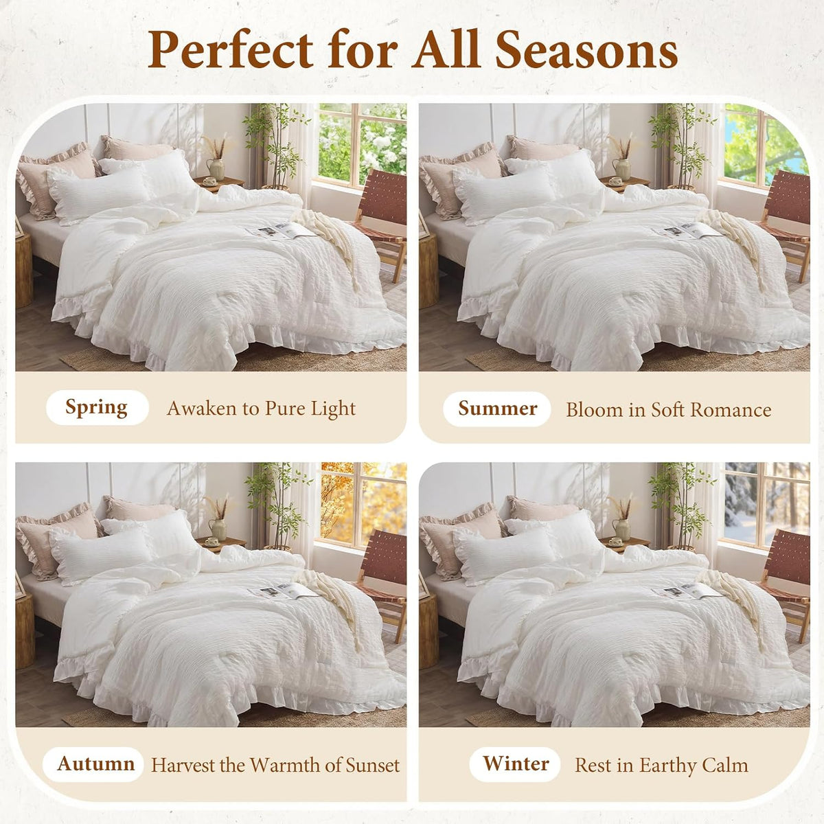JOLLYVOGUE White Comforters Queen Size, 3 Pieces Ruffle Seersucker Queen Comforter Set for All Season, Lightweight Soft Shabby Chic Bedding Sets for Women（1 Comforter, 2 Pillowshams）