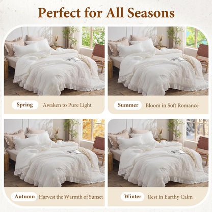 JOLLYVOGUE White Comforters Queen Size, 3 Pieces Ruffle Seersucker Queen Comforter Set for All Season, Lightweight Soft Shabby Chic Bedding Sets for Women（1 Comforter, 2 Pillowshams）