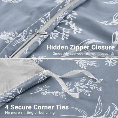 MUXHOMO Duvet Cover King Size, 3-Piece Floral Grey-Blue Bedding Set