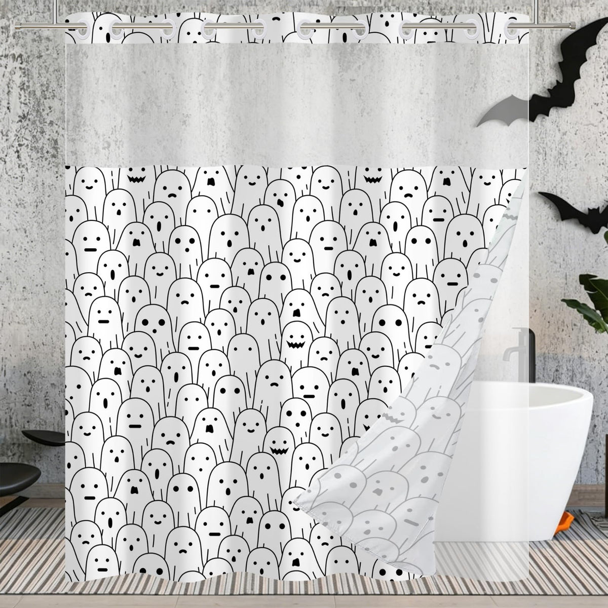 Halloween Shower Curtain, Black and White Funny Ghosts Icons Spooky Cute Halloween Bathroom Curtain Waterproof Fabric Machine Washable with Hooks, 72" Wx72 L