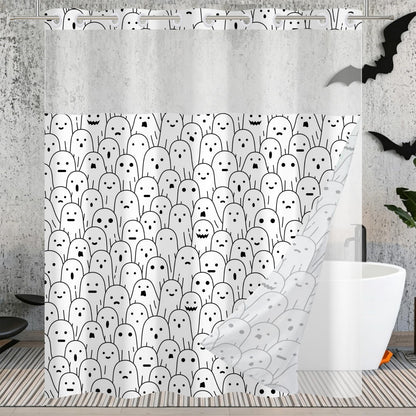 Halloween Shower Curtain, Black and White Funny Ghosts Icons Spooky Cute Halloween Bathroom Curtain Waterproof Fabric Machine Washable with Hooks, 72" Wx72 L