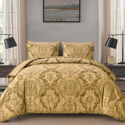 WONGS BEDDING Black Comforter Set Queen Size, Gold Damask Texture 7 Pieces Bed in a Bag Microfiber Comforter Bedding Sets -1 Comforter, 1 Flat Sheet, 1 Fitted Sheet, 2 Pillow Shams, 2 Pillowcases