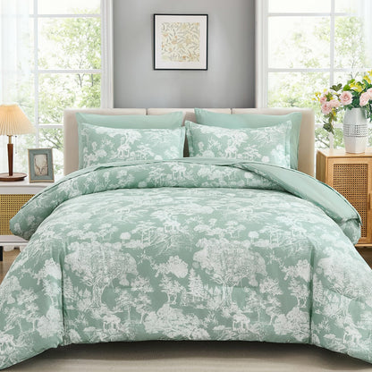 DJY Blue Comforter Set King, 7 Pieces Bed in a Bag King Size Botanical Comforters with Sheets Elegant Plants Print Soft Microfiber Reversible Complete Bedding Sets for All Season