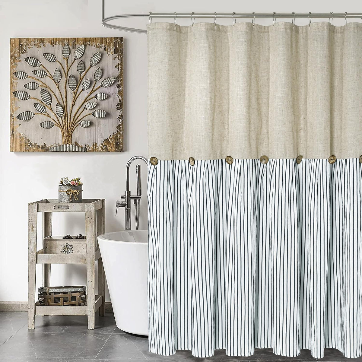 DOSLY IDÉES Farmhouse Shower Curtain,Beige and Gray Stripe,Button Curtain,Linen and Cotton Woven Fabric,Rustic Charm Country Chic Style,72x72 in